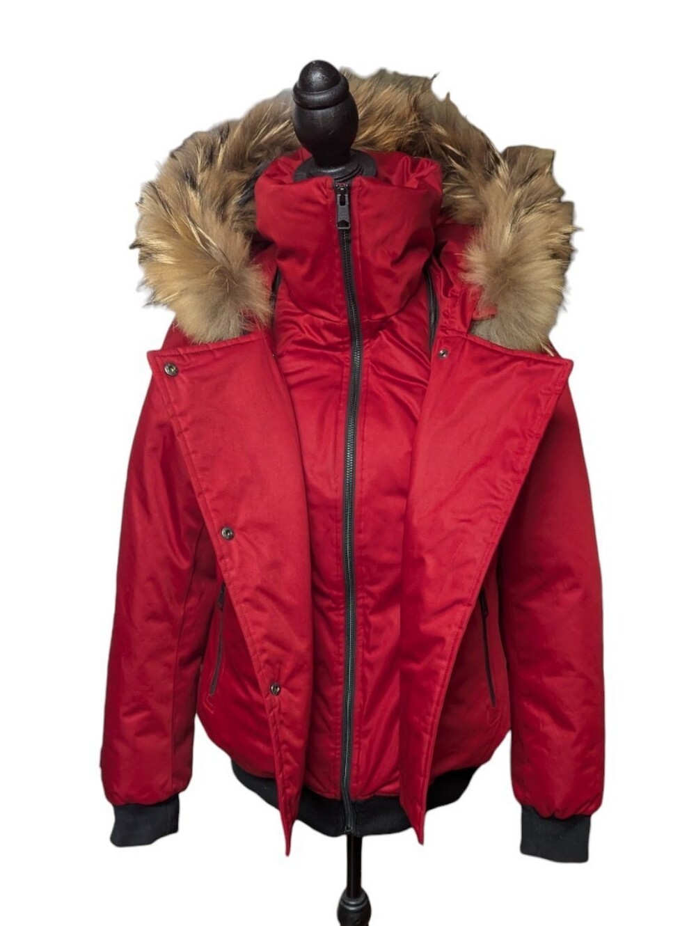Soia & Kyo Down Red Winter Bomber Parka Coat Jacket Fur Trimmed Hood